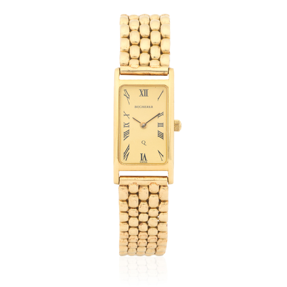 Bucherer. An 18K gold rectangular quartz bracelet watch with 14K gold bracelet