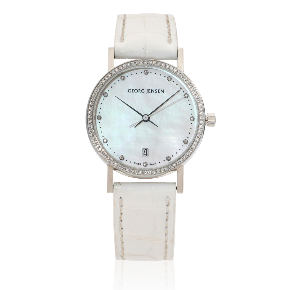 Georg Jensen. A lady's quartz calendar wristwatch with Mother of Pearl dial