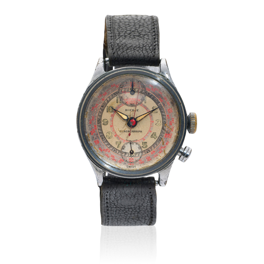 Pierce. A chrome plated manual wind single button chronograph wristwatch