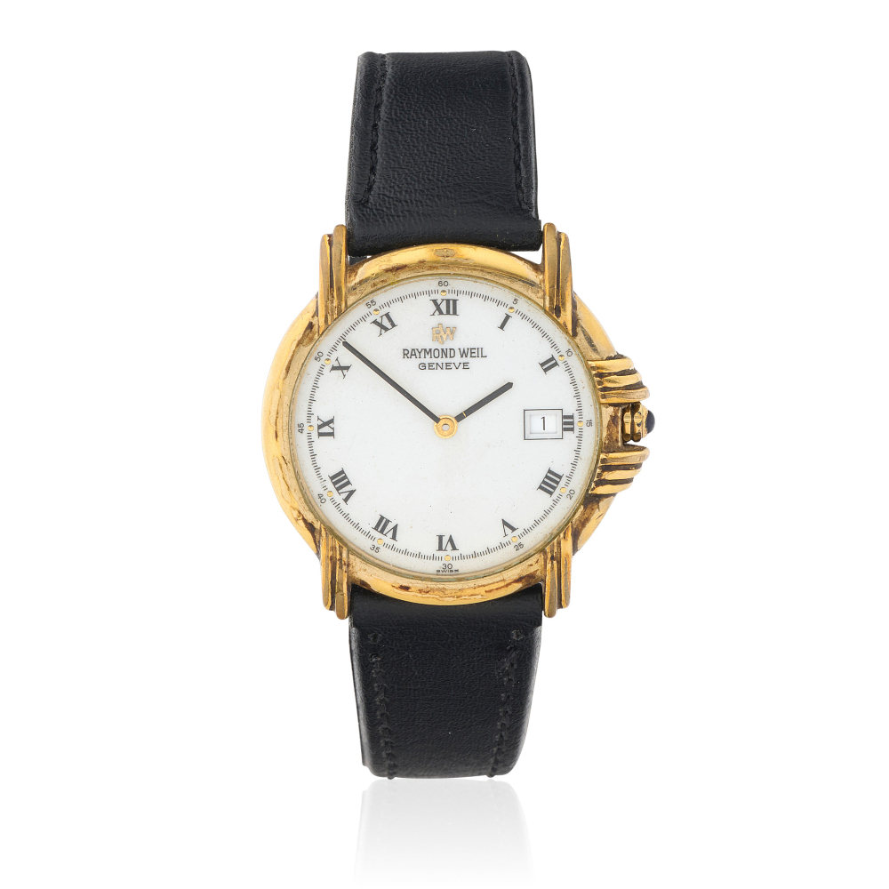Raymond Weil. A gold plated quartz calendar wristwatch