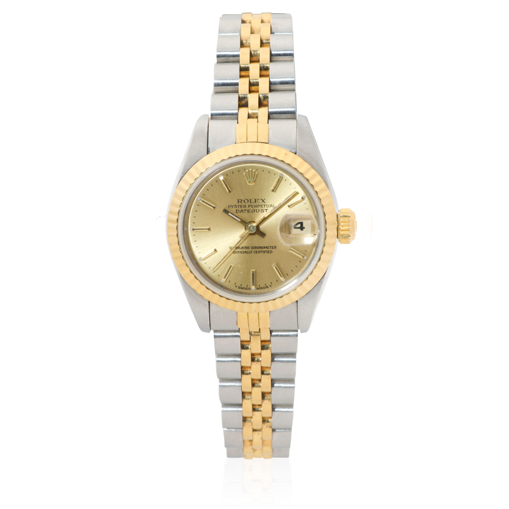 Rolex. A lady's stainless steel and gold automatic calendar bracelet watch