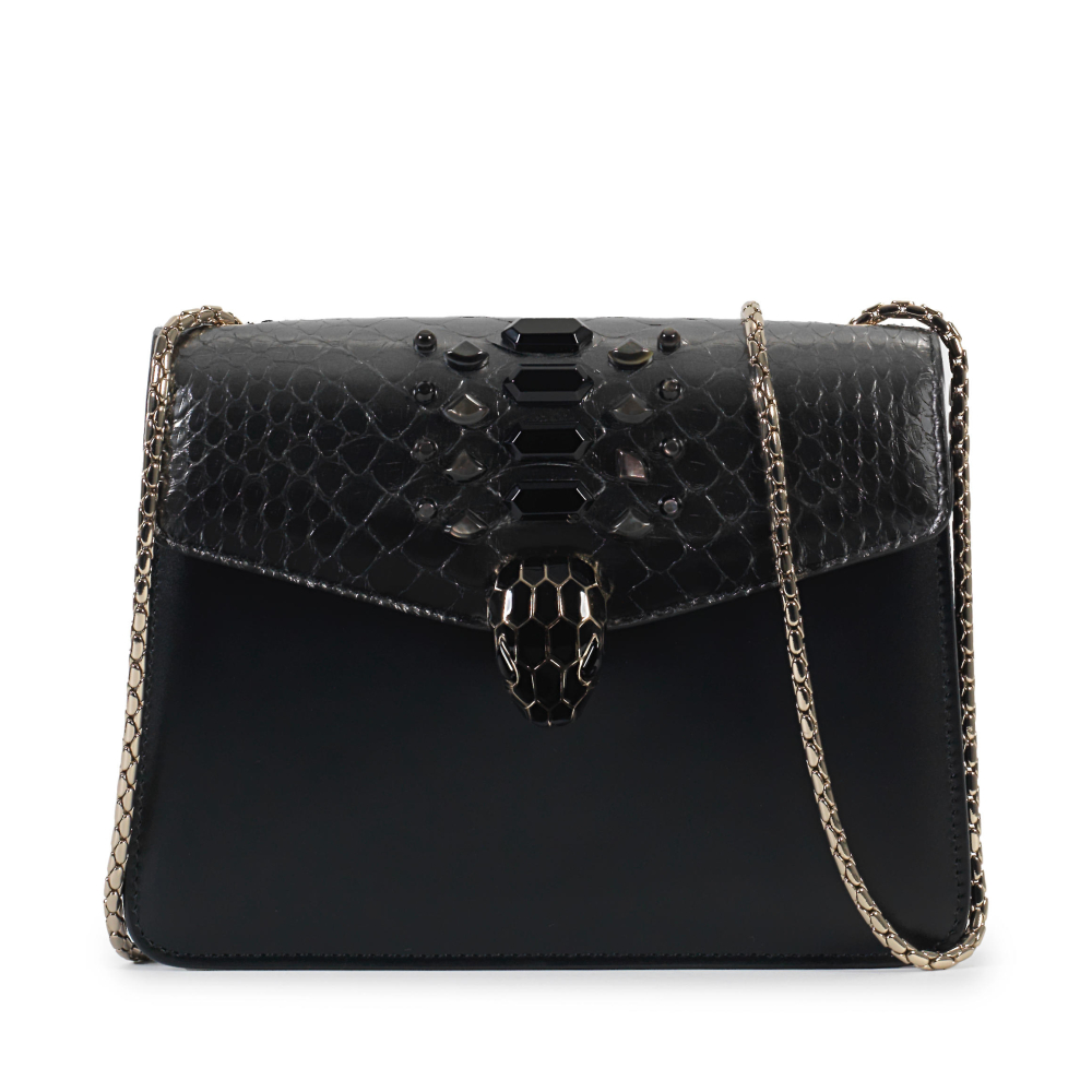 Bulgari: a Dark Silver Python and Black Calfskin Serpenti Forever Gem Bag