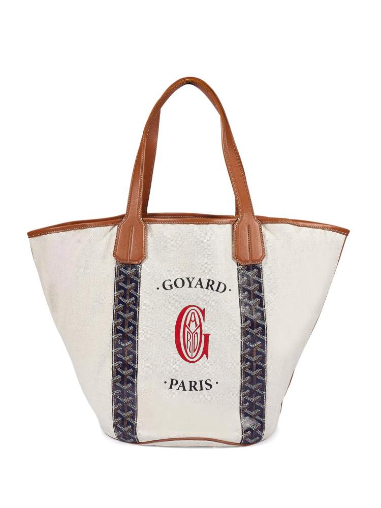 GOYARD: NAVY GOYARDINE CANVAS & GOLD LEATHER BELHARRA REVERSIBLE TOTE