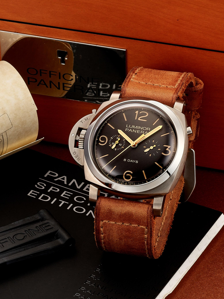 PANERAI | LUMINOR 1950 CHRONO MONOPULSANTE LEFT-HANDED 8 DAYS TITANIO, REF.PAM00579, A LIMITED EDITION TITANIUM MONOPUSHER CHRONOGRAPH WITH POWER RESERVE INDICATOR, CIRCA 2014