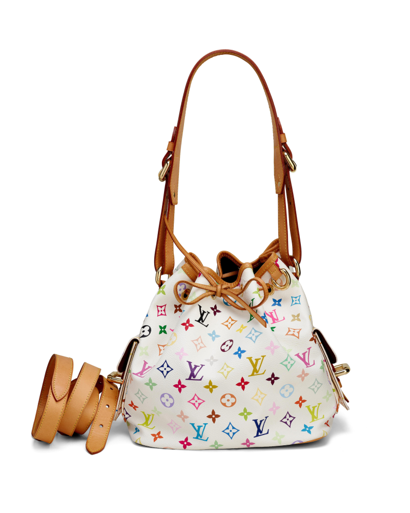 LOUIS VUITTON: WHITE CANVAS MULTI COLOURED MONOGRAM NOE BUCKET BAG WITH GOLD TONED HARDWARE