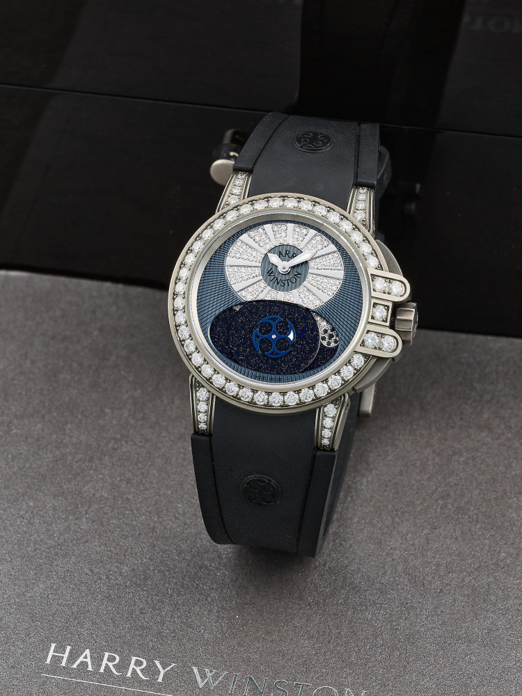 HARRY WINSTON | LADY Z MOONPHASE, A LIMITED EDITION ZALIUM AND DIAMOND-SET WRISTWATCH WITH AVENTURINE DIAL AND MOON PHASES, CIRCA 2000