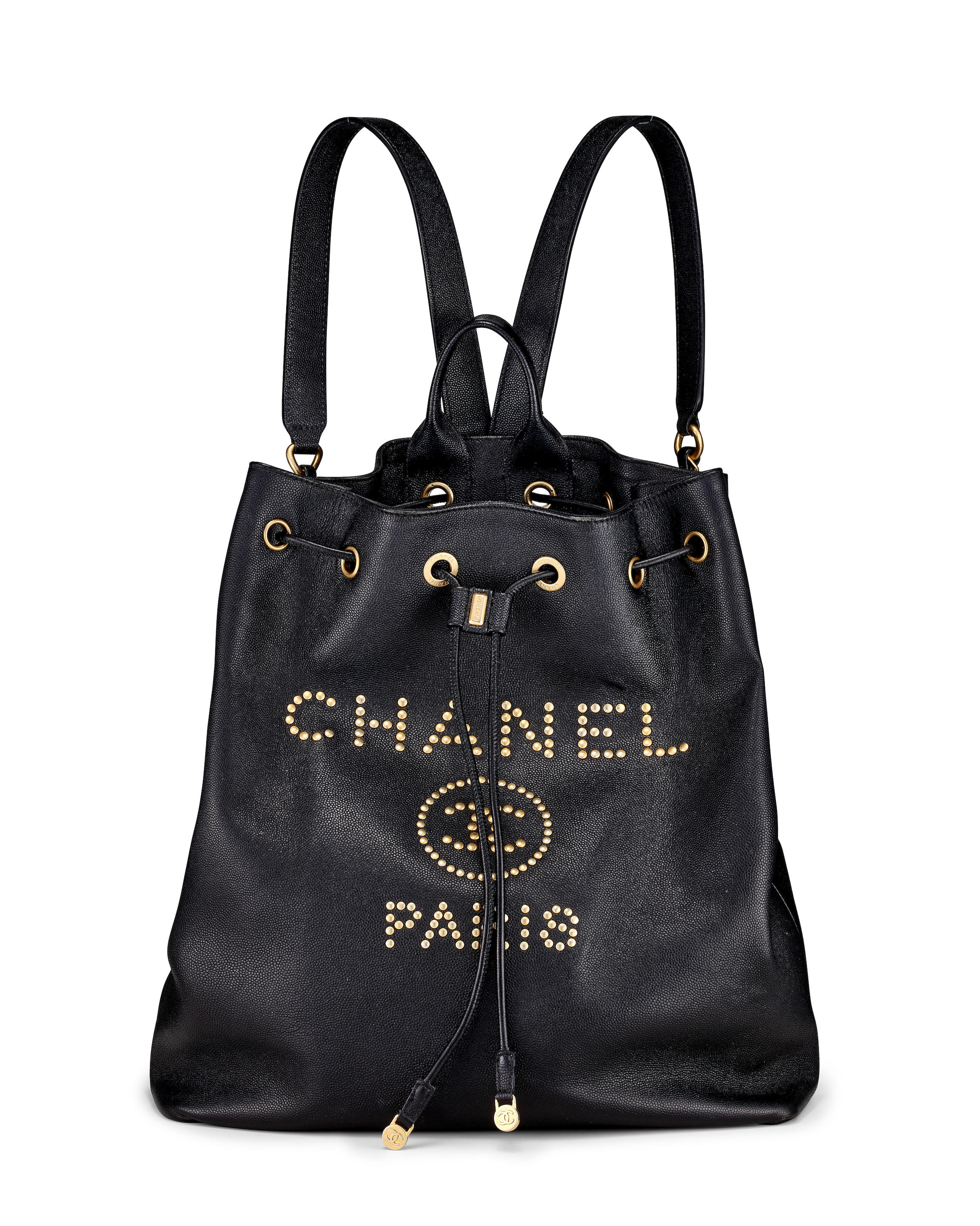 CHANEL: BLACK CAVIAR DEAUVILLE DRAWSTRING STUDDED BACKPACK WITH GOLD TONED HARDWARE 2019