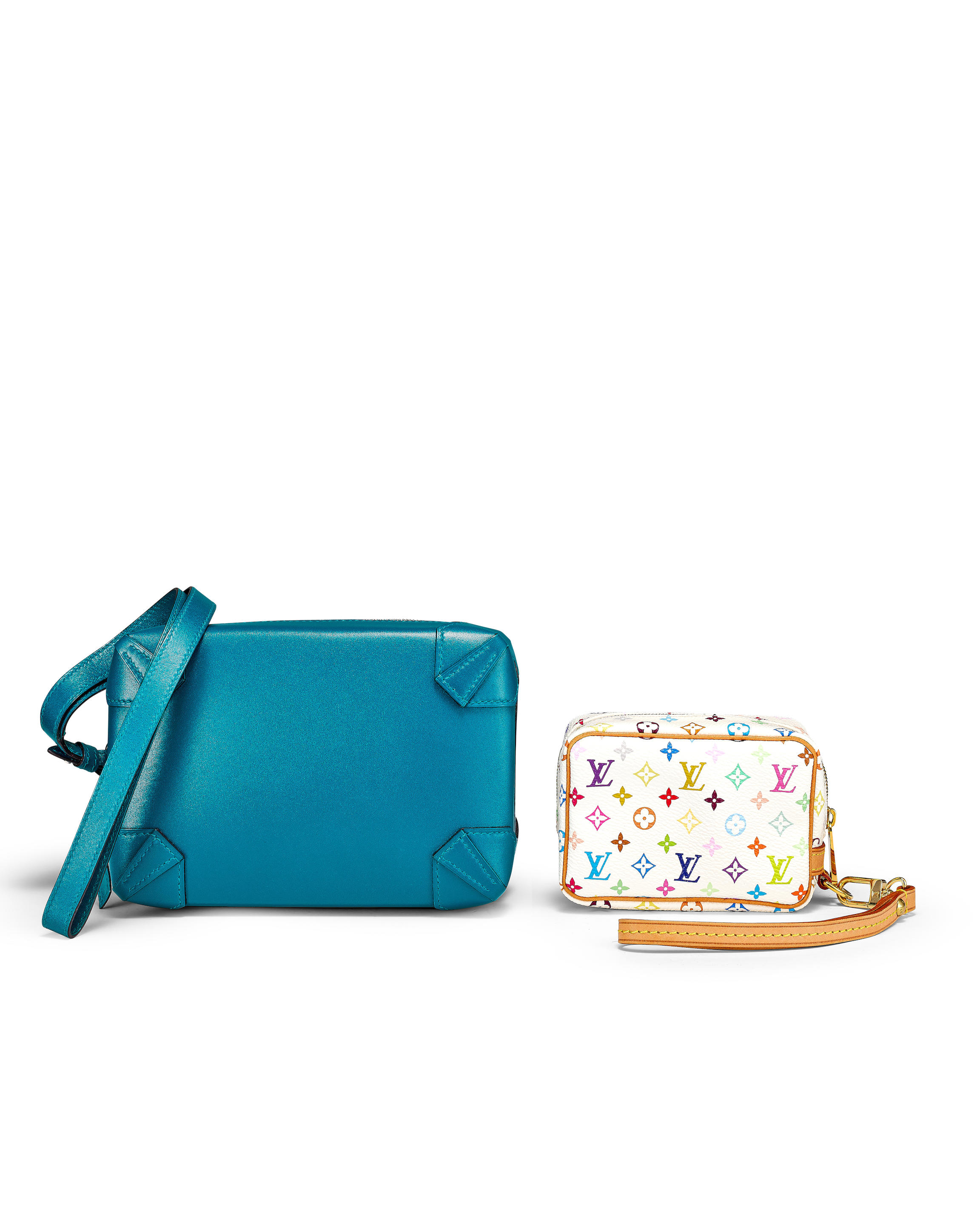 [NO RESERVE] HERMÈS: TURQUOISE EVERCOLOUR MINI MAXI BOX WITH PALLADIUM HARDWARE 2015; LOUIS VUITTON: WHITE CANVAS MULTI COLOURED MONOGRAM MINI POUCH WITH GOLD TONED HARDWARE