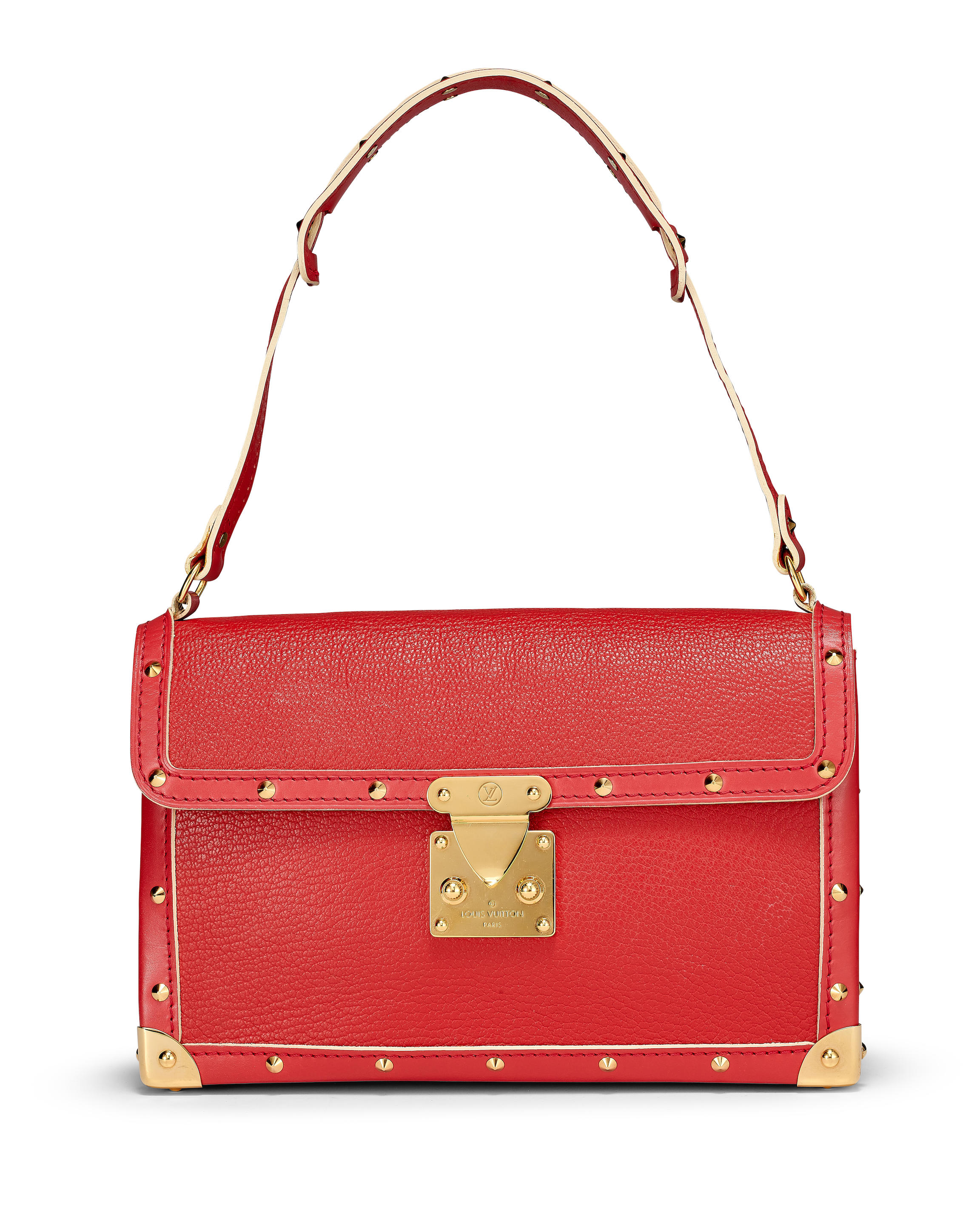 [NO RESERVE] LOUIS VUITTON: RED IN SUHALI LEATHER L'AIMABLE STUDDED BAG WITH GOLD STUDS