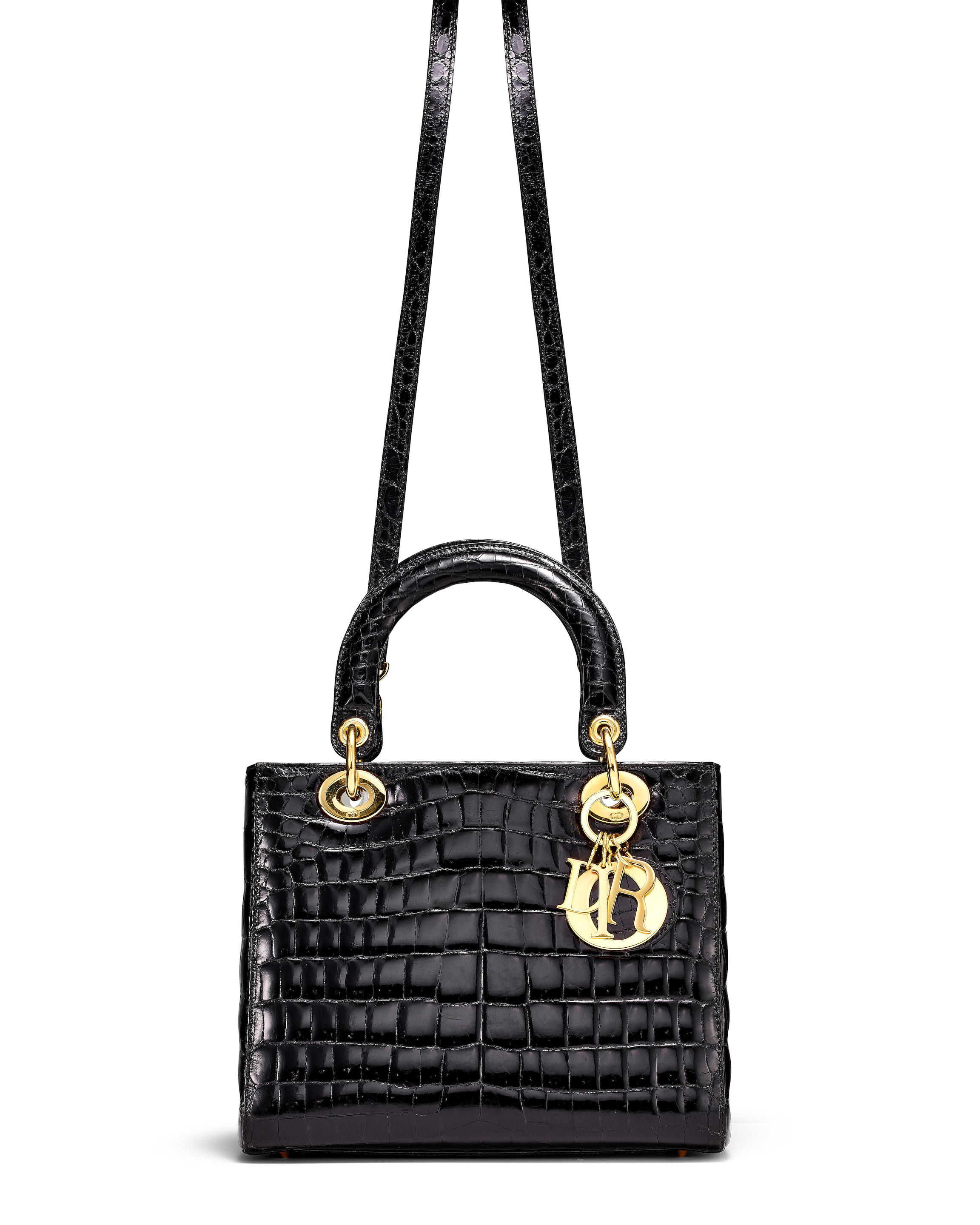 DIOR: BLACK CROCODILE (CROCODYLUS NILOTICUS) LADY DIOR BAG MEDIUM WITH GOLD TONED HARDWARE