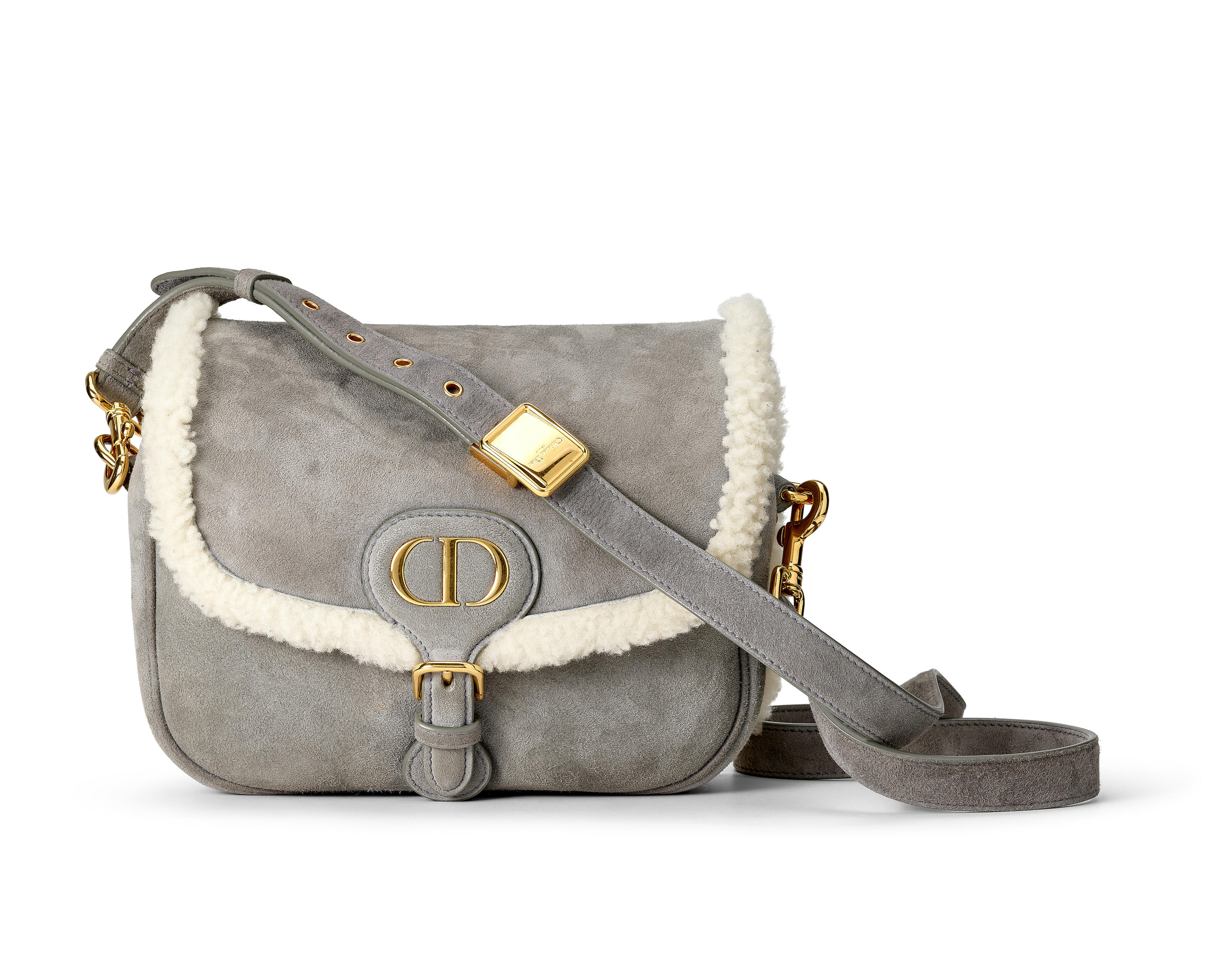 DIOR: GREY/WHITE SUEDE/SHEARLING SMALL DIOR BOBBY BAG
