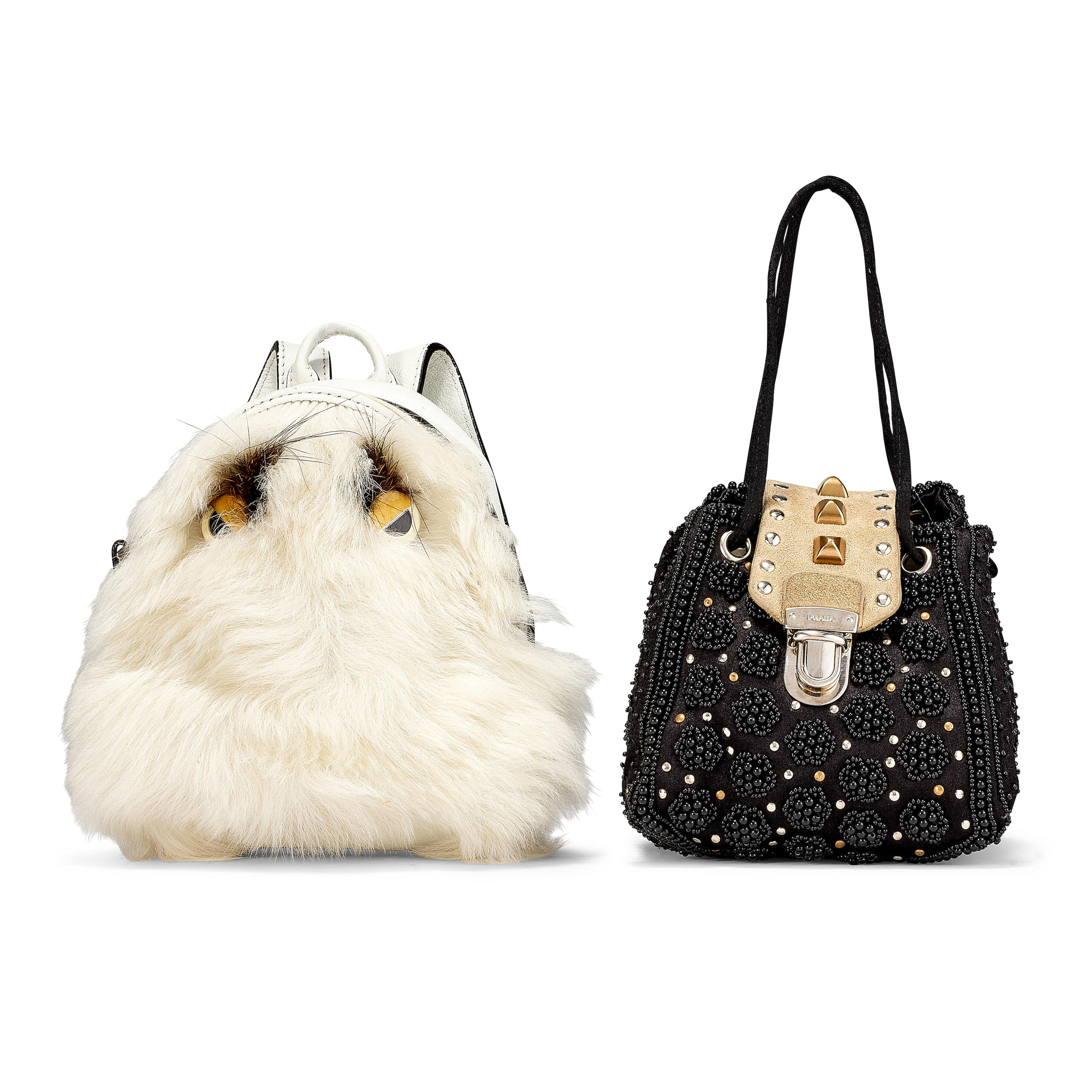 [NO RESERVE] PRADA: RHINESTONED SATIN MINI BAG; FENDI: WHITE FUR SMALL POUCH BAG