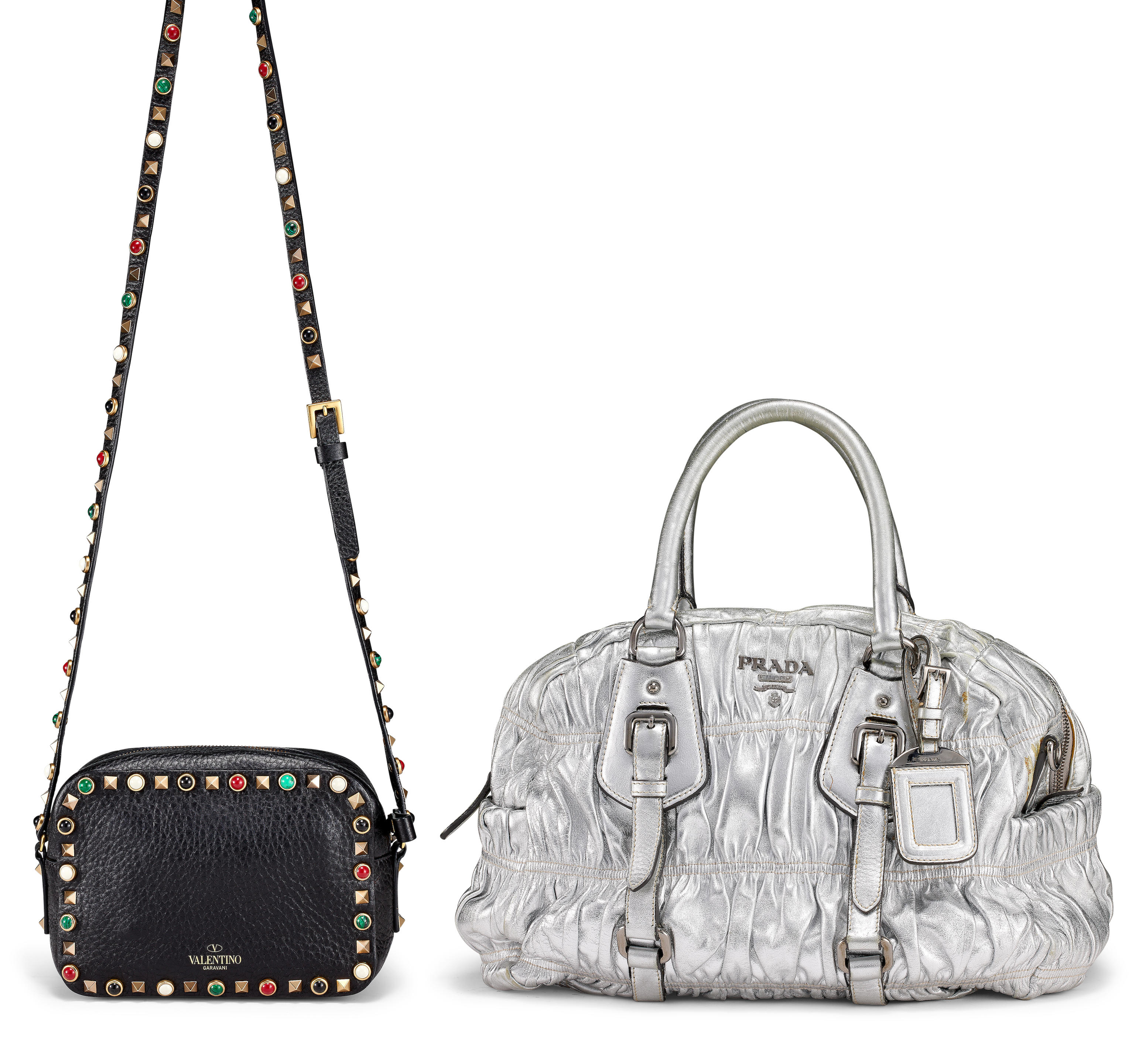 PRADA: METALLIC LAMBSKIN RUFFLED TESSUTO LOGO SHOULDER/TOTE BAG WITH SILVER TONED HARDWARE; VALENTINO: BLACK PEBBLED CALFSKIN ROLLING ROCKSTUD CAMERA BAG