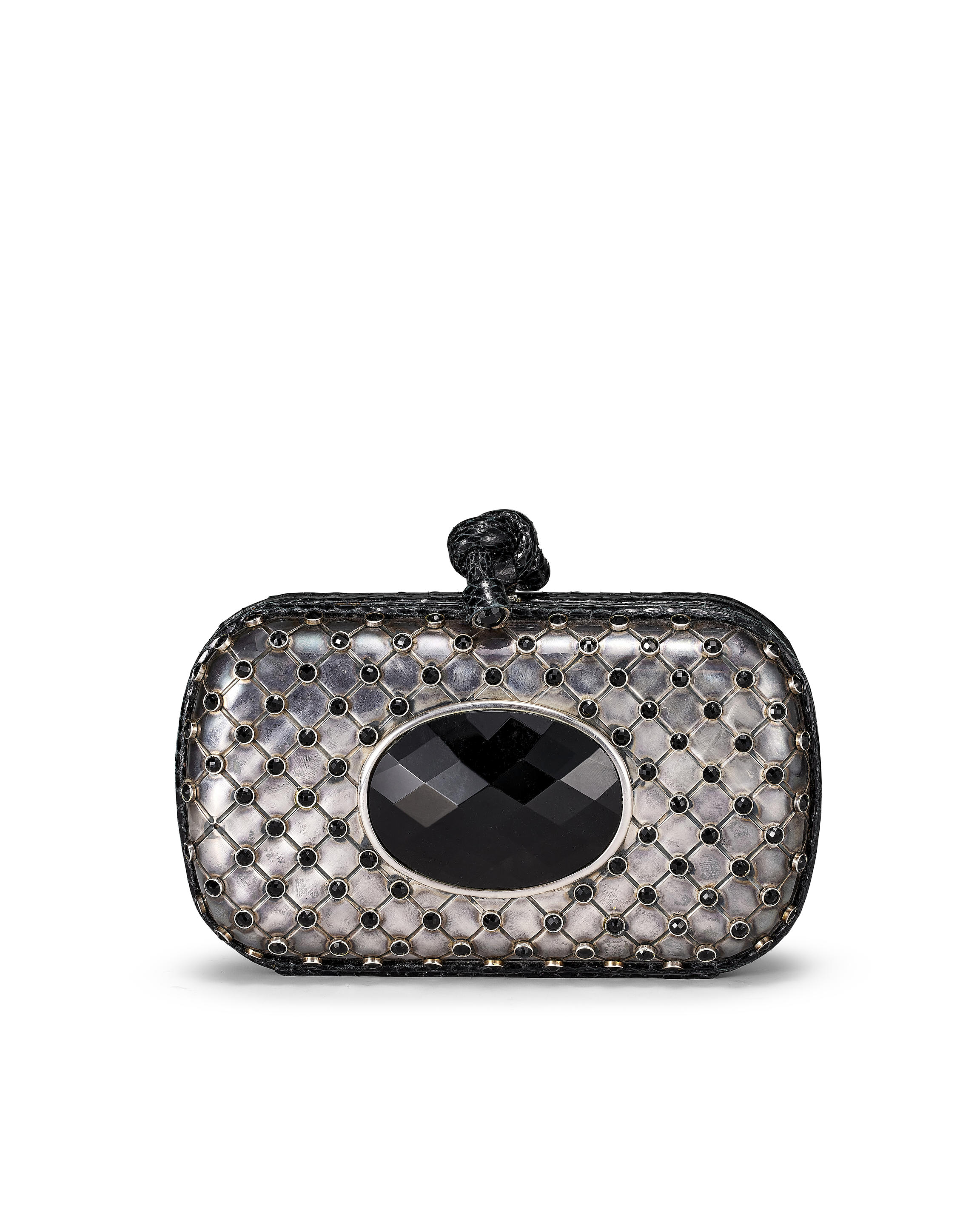 [NO RESERVE] BOTTEGA VENETA: METAL EMBELLISHED WITH BLACK CRYSTAL KNOT CLUTCH WITH PYTHON TRIM