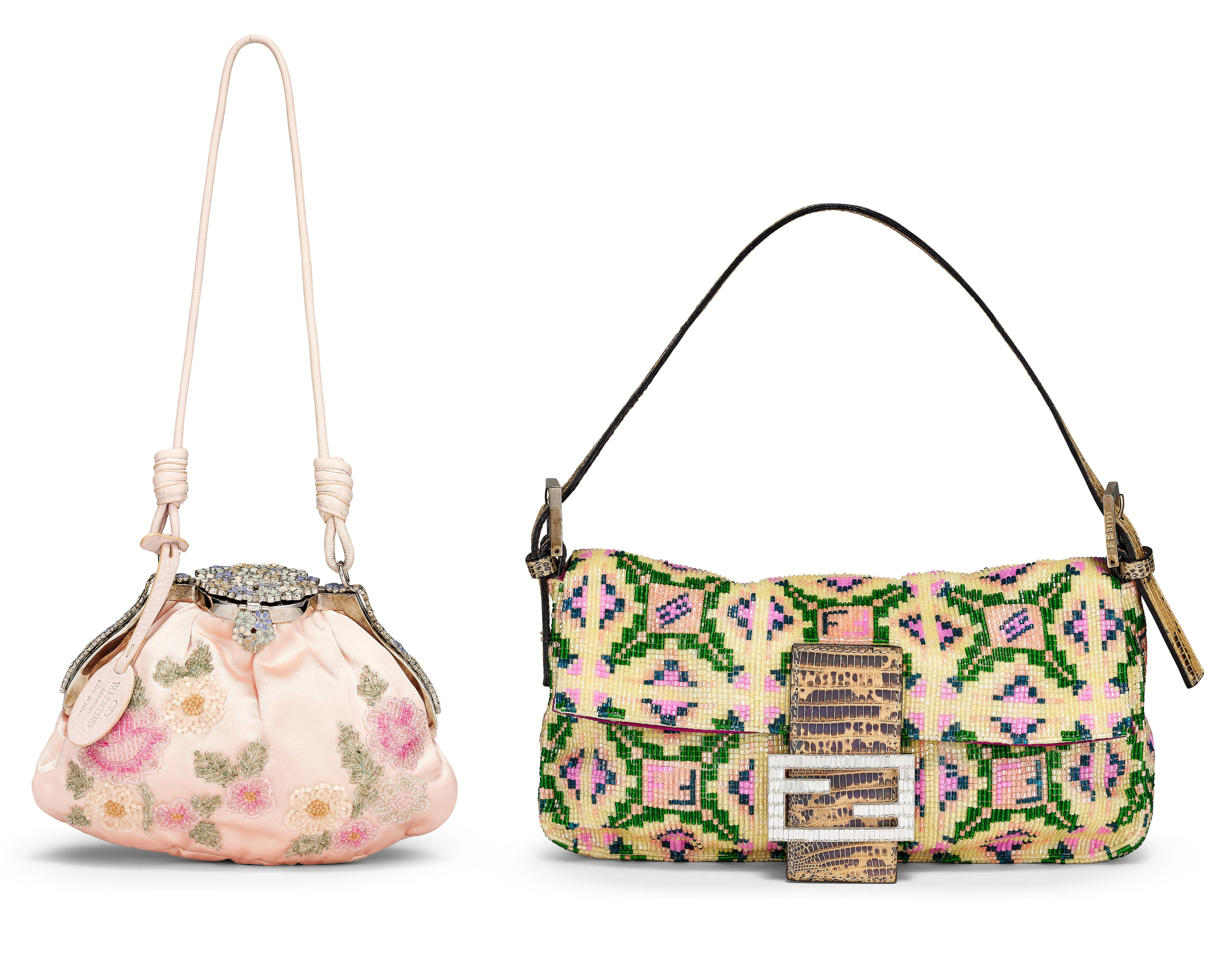 [NO RESERVE] FENDI: ST. MORITZ MULTI COLOURED BEADED,CRYSTAL, LIZARD BORSA BAGUETTE; VALENTINO GARAVANI: LIGHT PINK SATIN FLORAL APPLIQUE GARDEN EVENING BAG ((FENDI) Includes spare beads, original dust bag; (VALENTINO GARAVANI)Includes original dust bags)