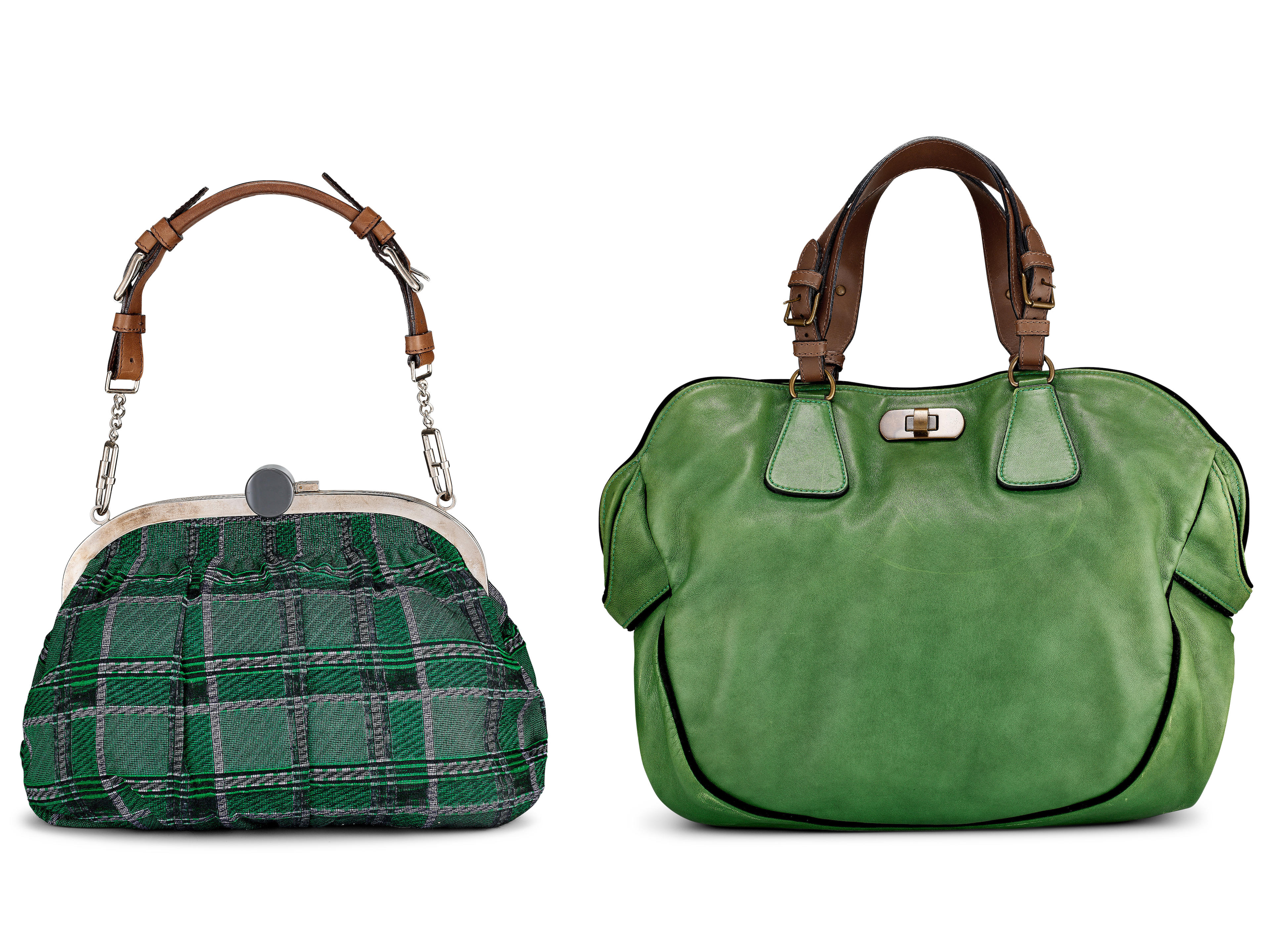 MARNI: A SET OF 2 GREEN LAMBSKIN AND BROWN SHOULDER BAG; GREEN CHECKED COTTON CLUTCH/ HANDBAG