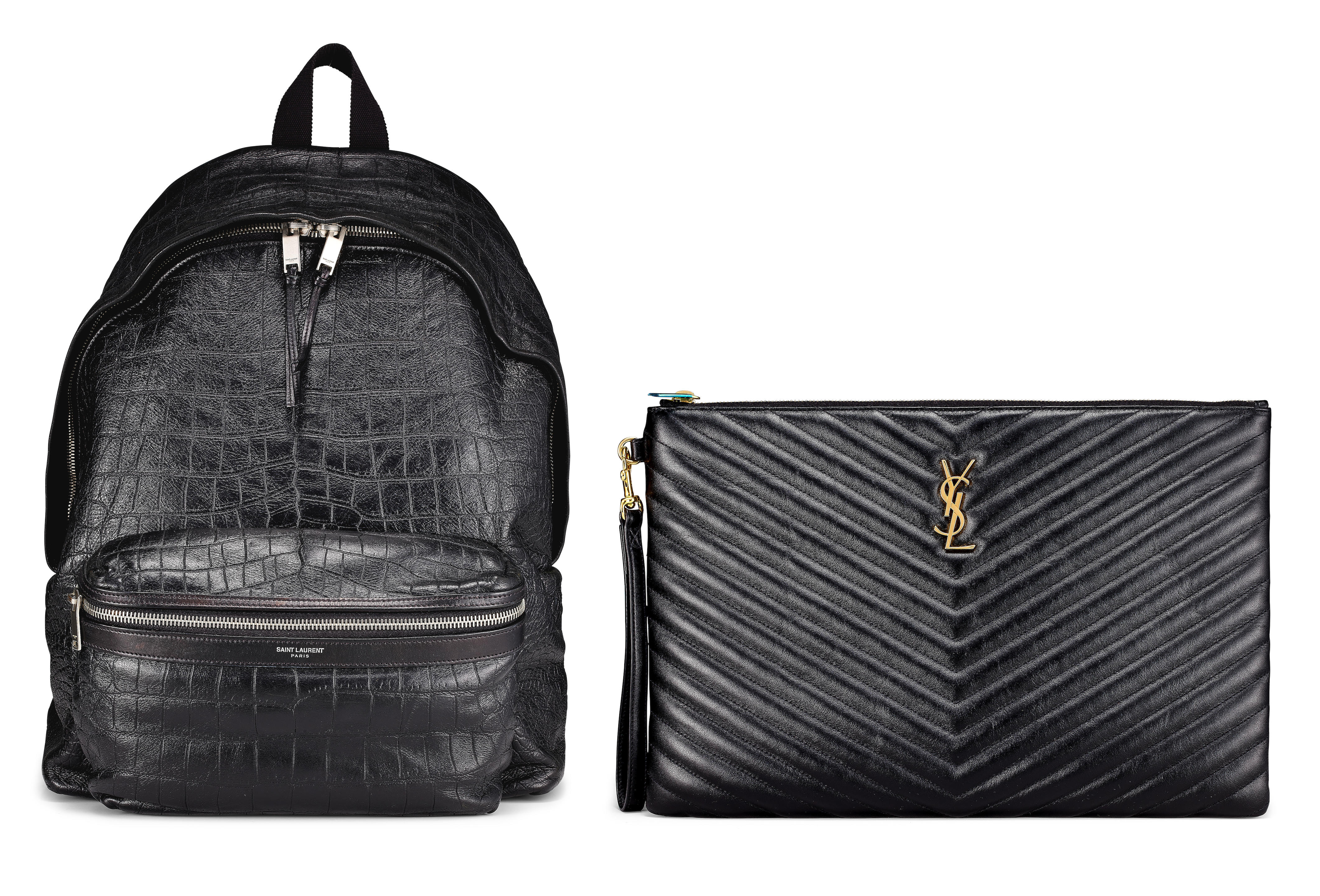 SAINT LAURENT: A SET OF 2 BLACK CITY IN CROCODILE EMBOSSED LEATHER BACKPACK; BLACK CALFSKIN MATELASSE CHEVRON CLUTCH WITH GOLD TONED HARDWARE