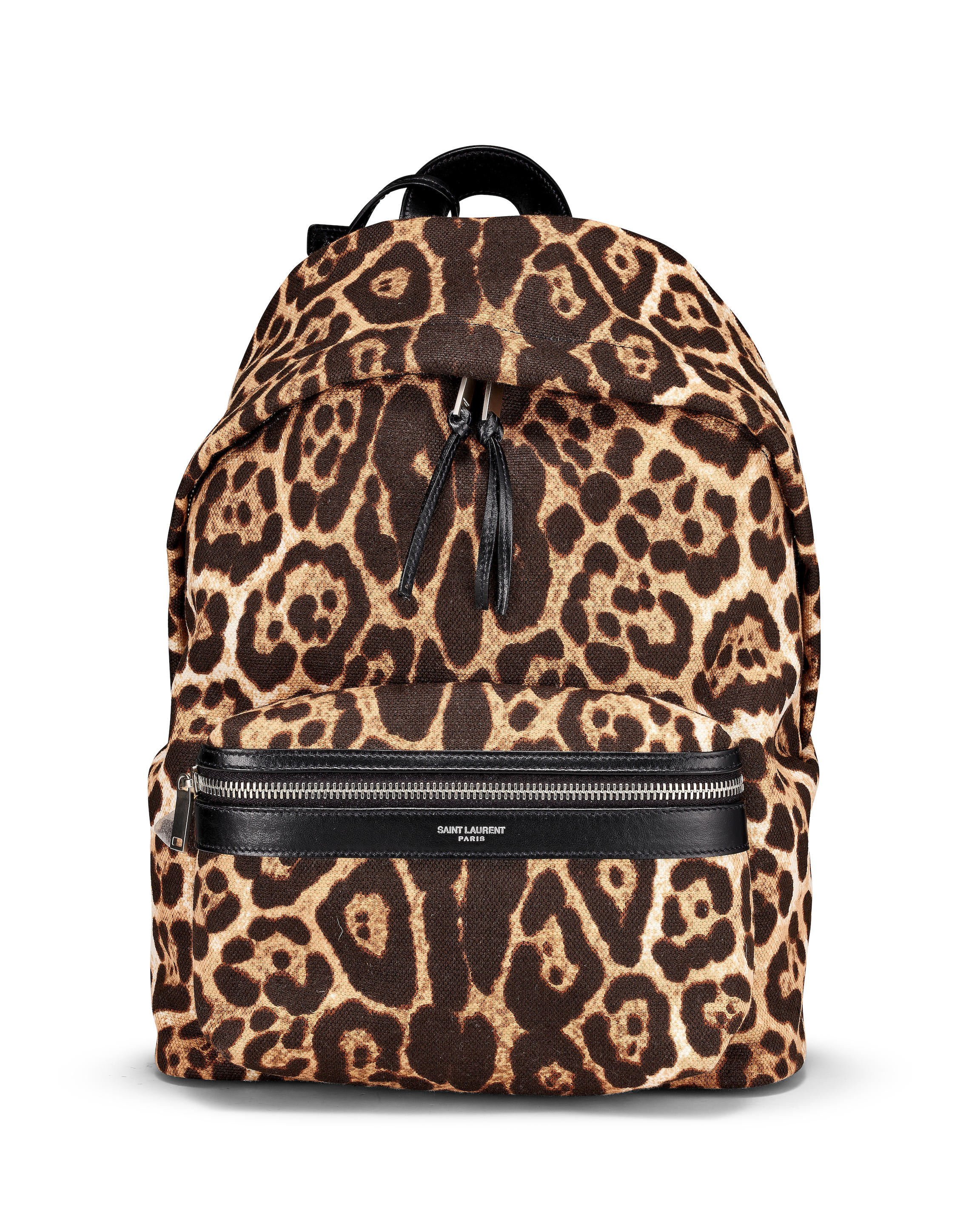 [NO RESERVE] SAINT LAURENT: BLACK AND BROWN CANVAS LEOPARD PRINT CITY BACKPACK (Includes original dust bag)