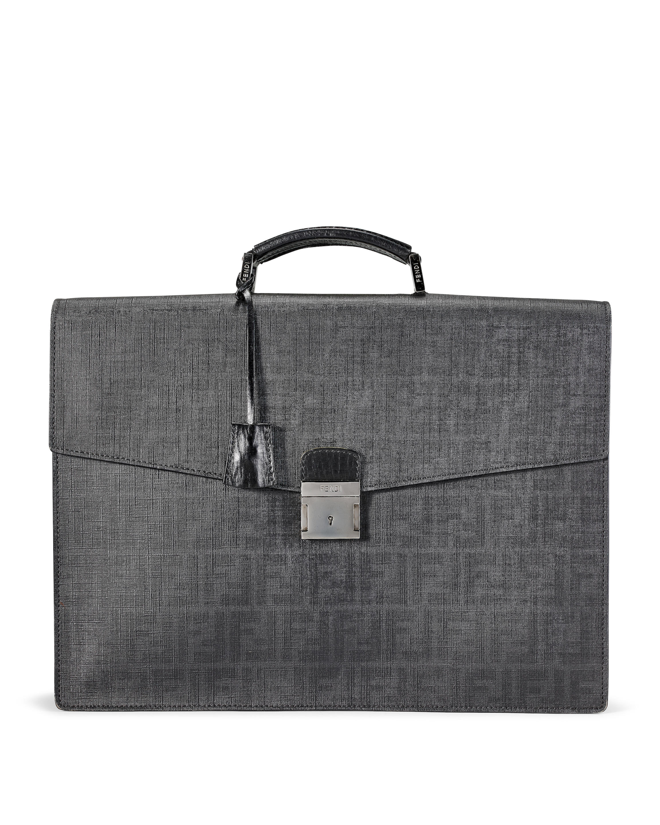 FENDI: BLACK LEATHER MONOGRAM BRIEFCASE BAG WITH SILVER TONED HARDWARE