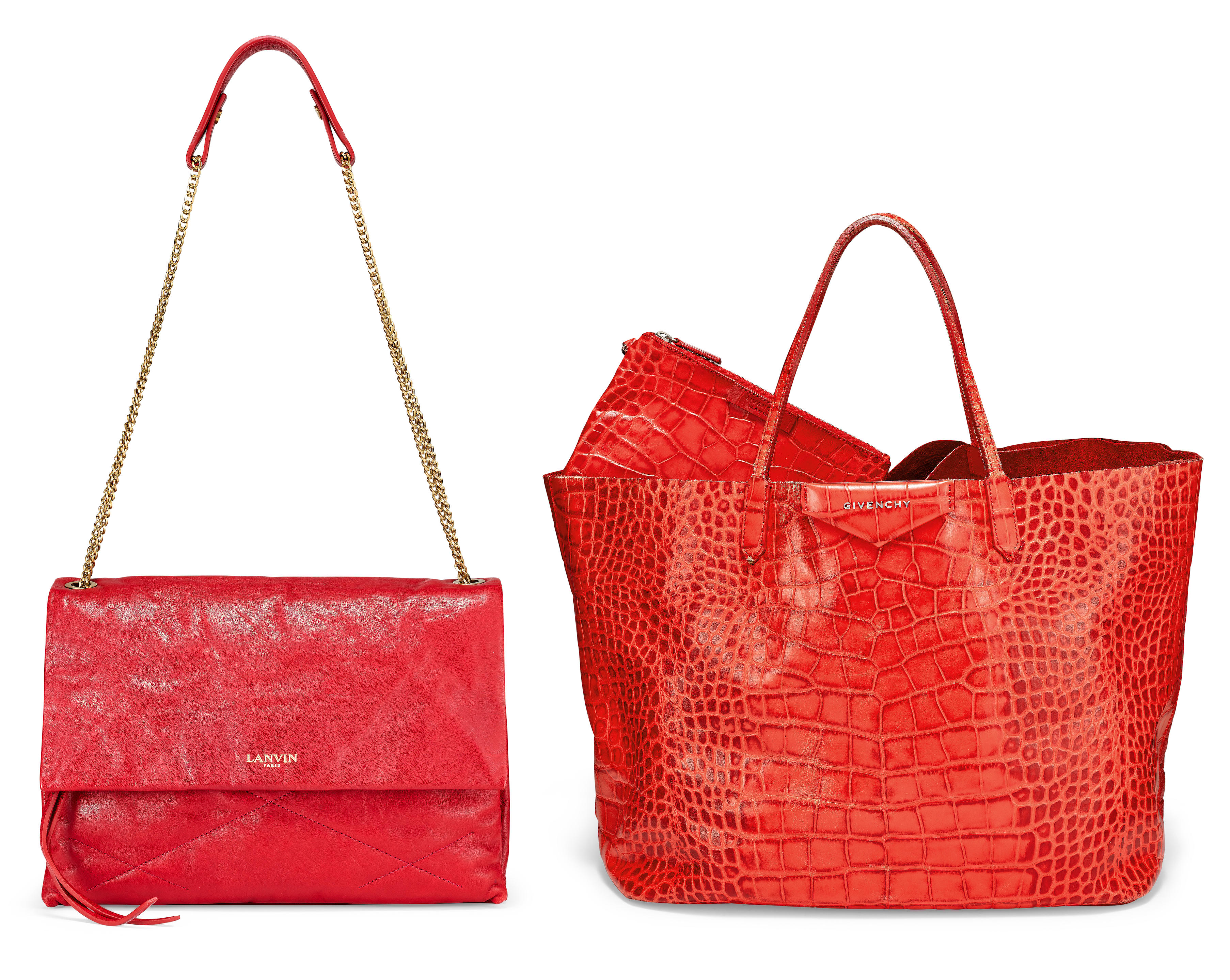 GIVENCHY: RED CALFSKIN  CROCODILE EMBOSSED TOTE BAG; LANVIN: WINE RED LAMBSKIN SHOULDER BAG"