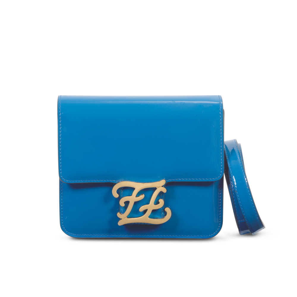 Fendi: a Blue Karligraphy Patent Leather Crossbody Bag
