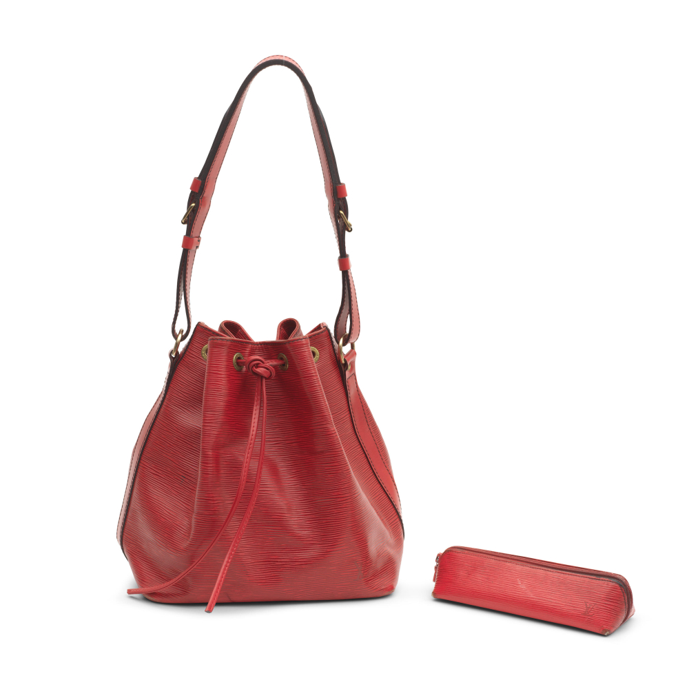 Louis Vuitton: a Red Epi Leather Noé MM Bucket Bag and a Trousse Pencil Case