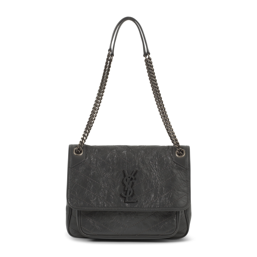 Saint Laurent: a Grey Crinkled Calfskin Matelassé Monogram Baby Niki Satchel Bag