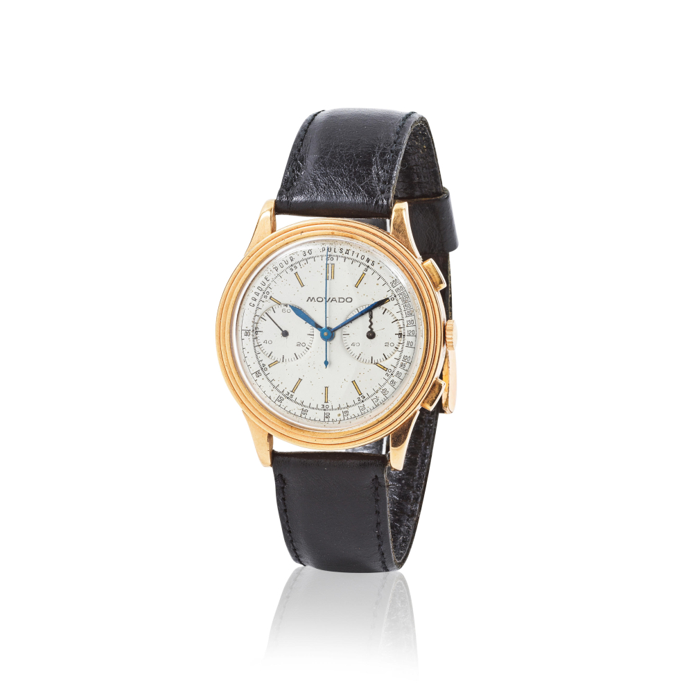 Movado. An 18K gold manual wind chronograph wristwatch with pulsations dial
