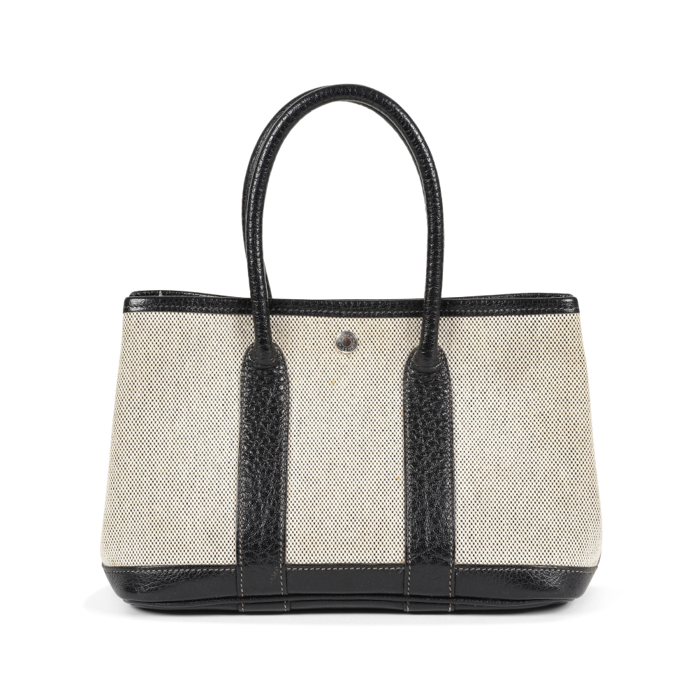 HERMES Paris. Sac Garden Party mini en toile chinée grise et buffle Sindhu noir.