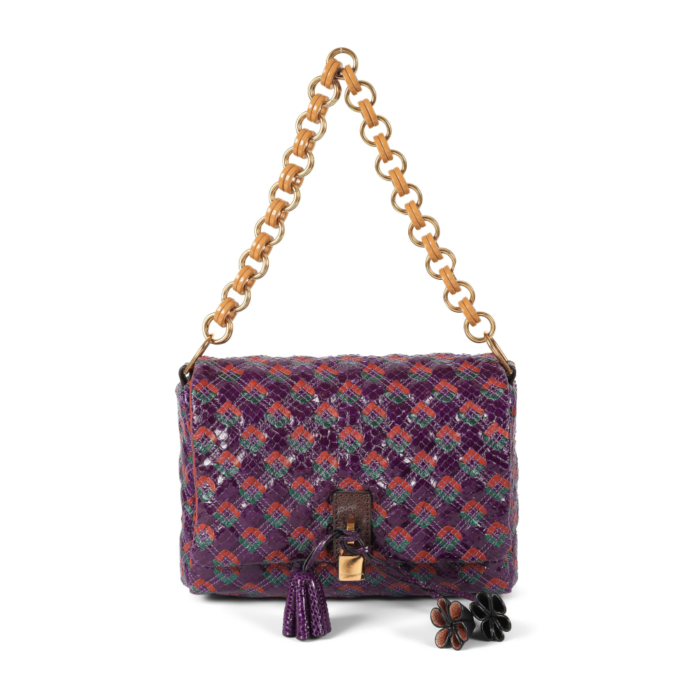 Marc JACOB, collection Prêt-à-Porter Printemps/Eté 2009. Sac Robert Jennifer en python aubergine à motif géométrique en cuir ocre et vert. 