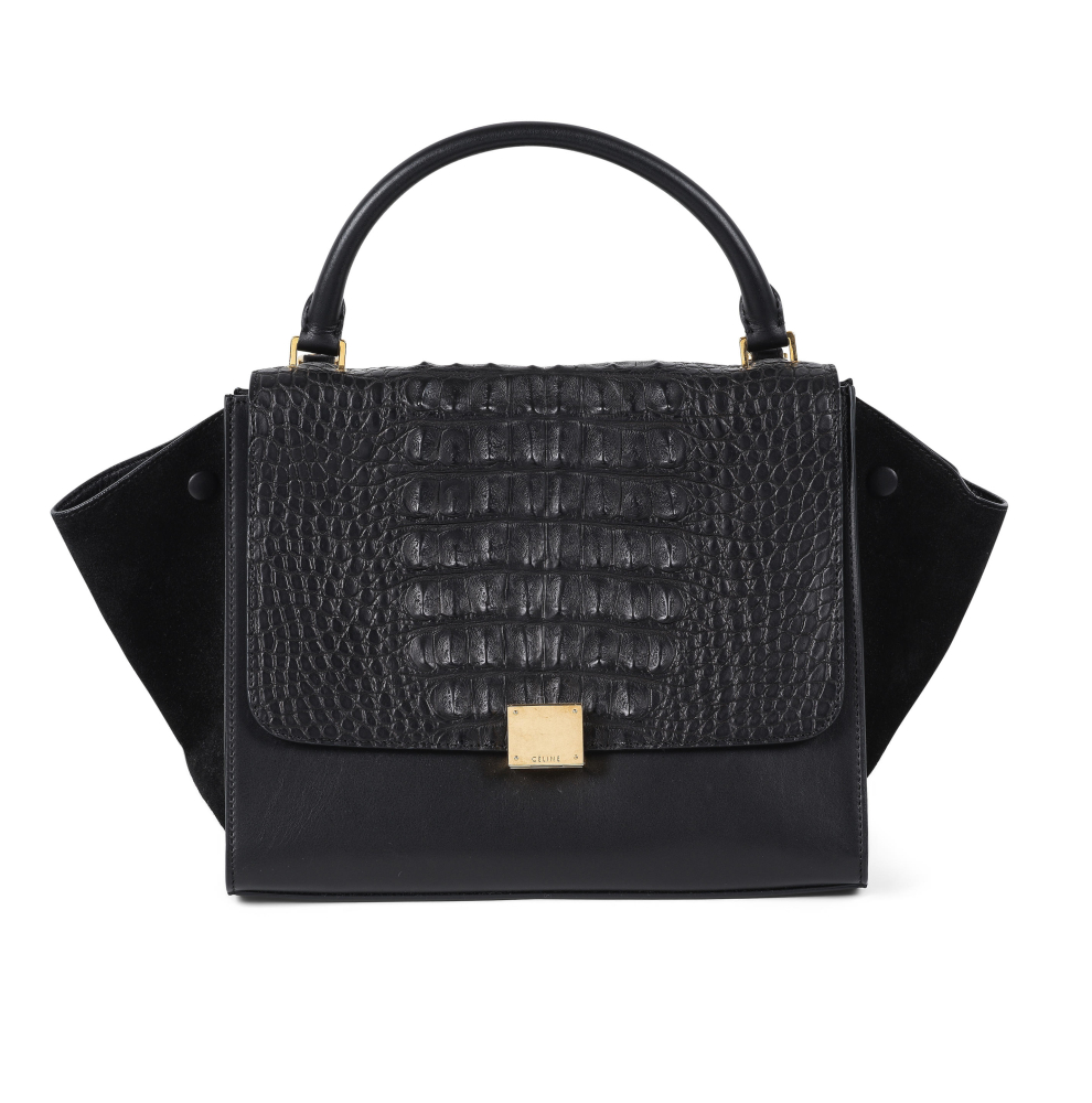 CELINE. Sac Trapèze en veau velours et crocodile noir.