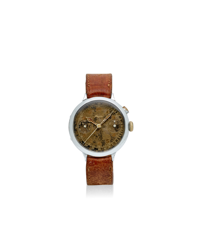 MINERVA. AN EARLY OVERSIZED STAINLESS STEEL SINGLE BUTTON MANUAL WIND CHRONOGRAPH WRISTWATCH
