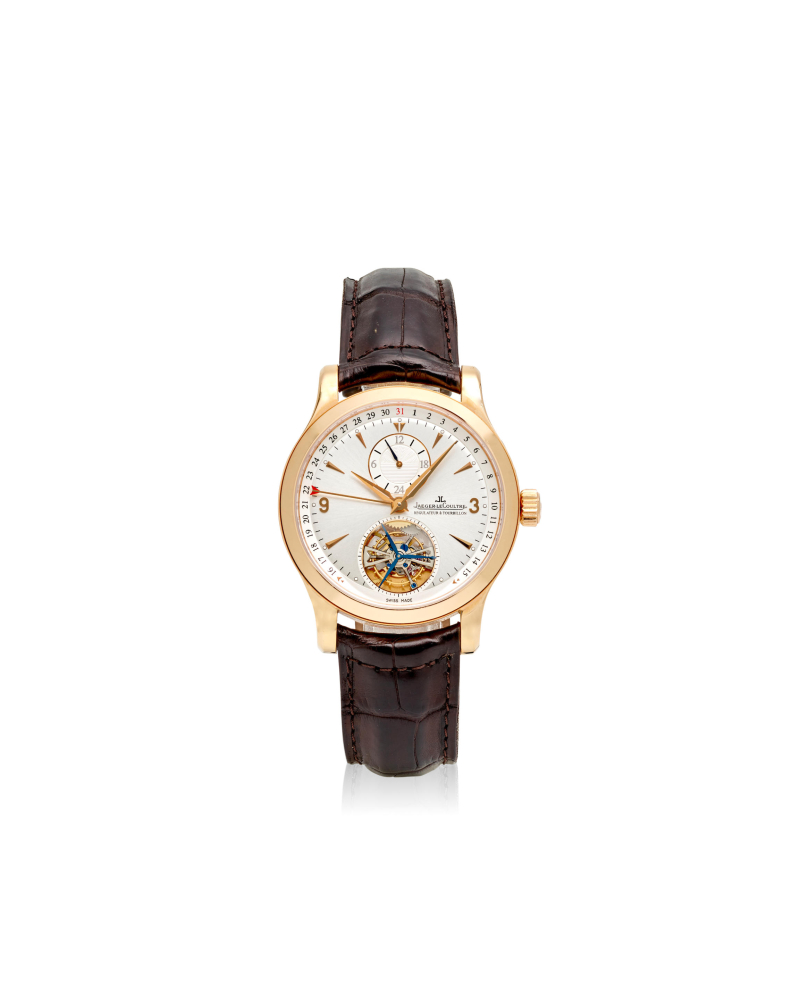 JAEGER-LECOULTRE. AN 18K ROSE GOLD AUTOMATIC CALENDAR TOURBILLON WRISTWATCH WITH DUAL TIME ZONE