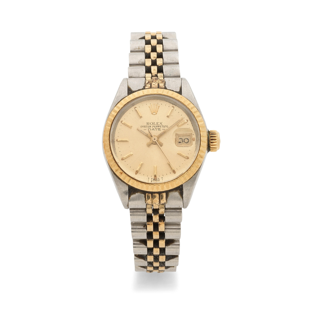 Rolex. A lady's stainless steel and 18K gold automatic calendar bracelet watch