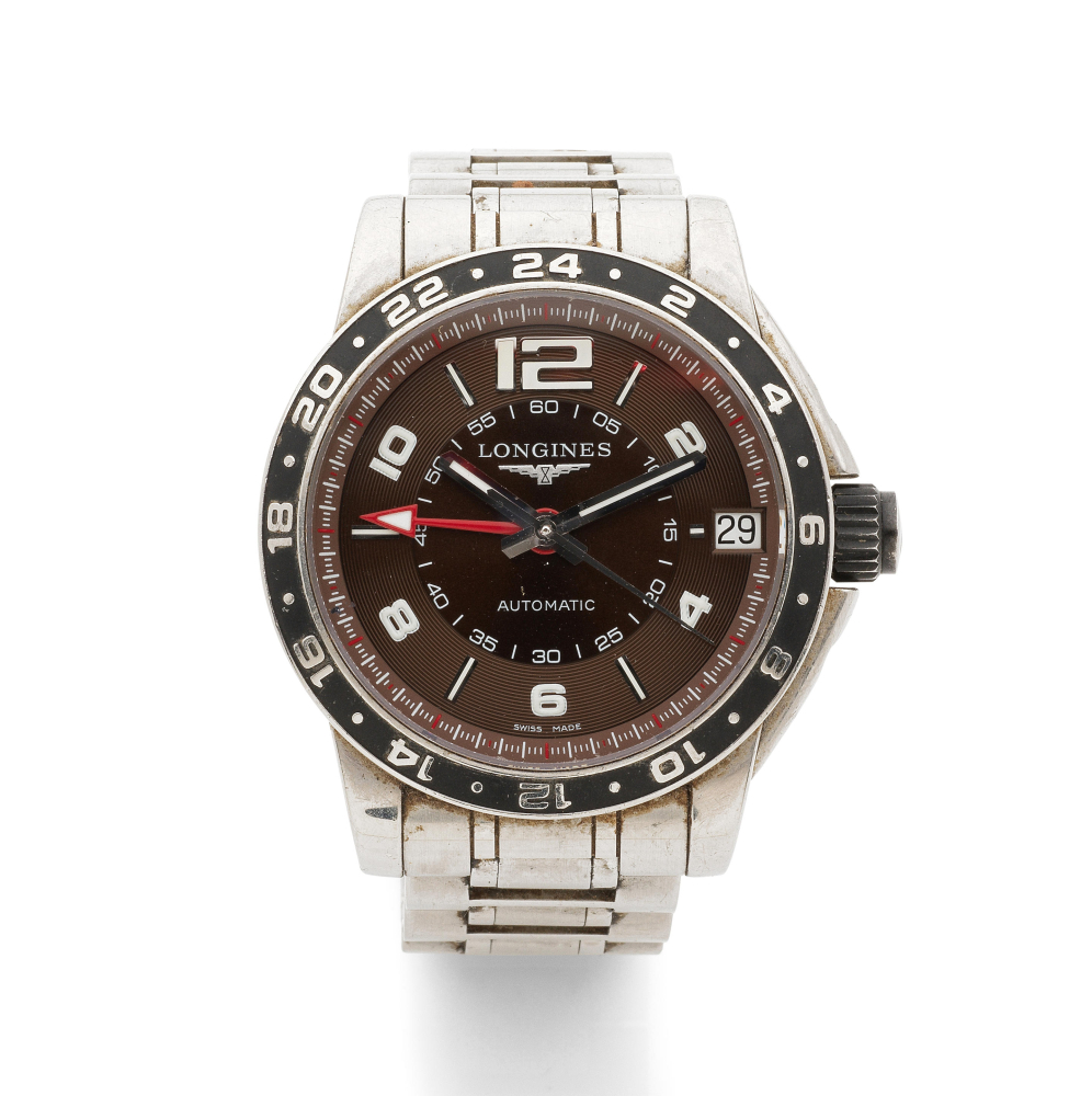 Longines. A stainless steel automatic calendar bracelet watch with dual time zone