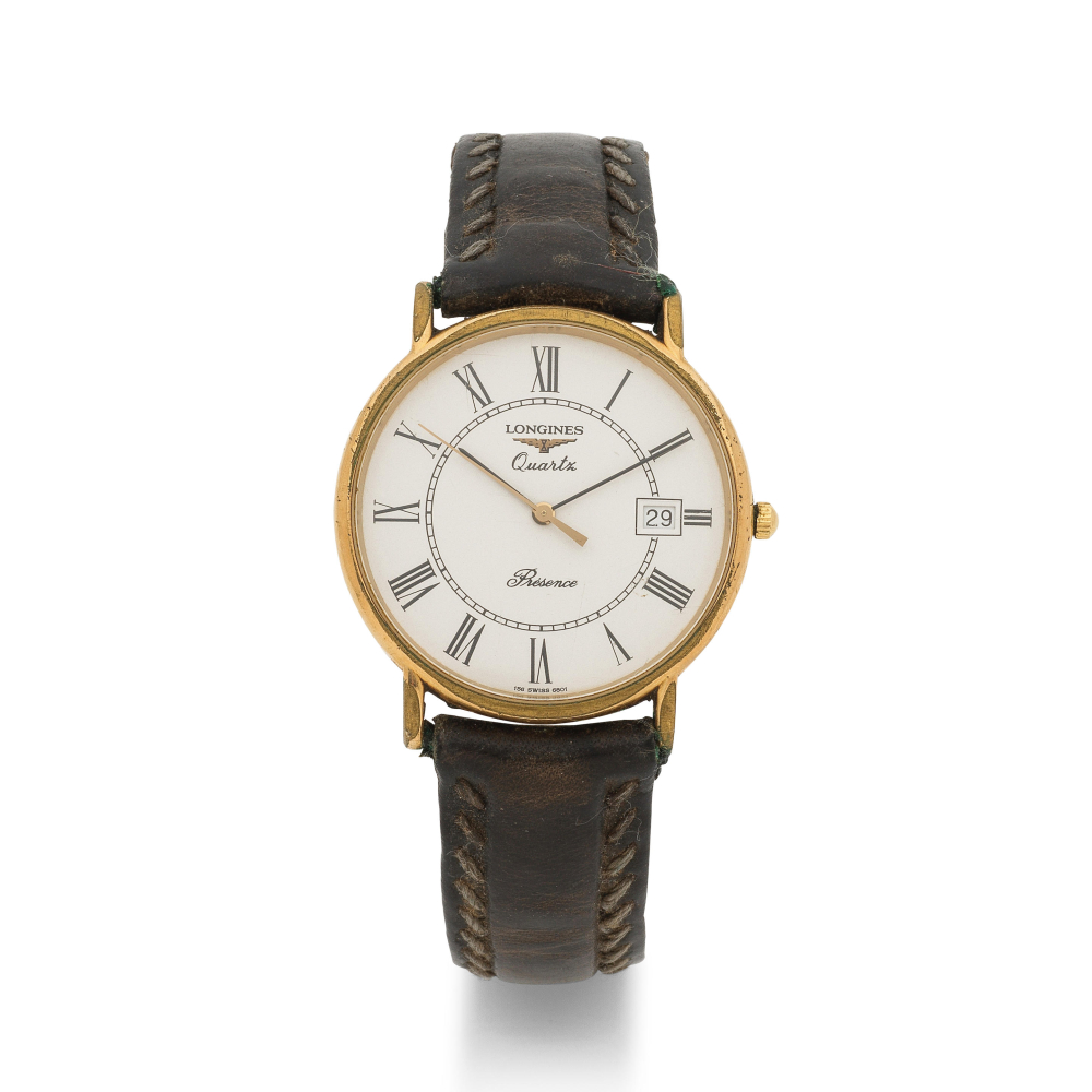 Longines. A gold plated quartz calendar wristwatch