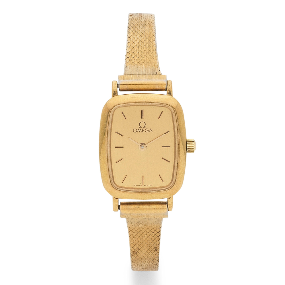 Omega. A lady's gold plated quartz bracelet watch
