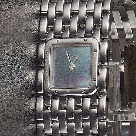 Cartier. A lady's stainless steel bracelet watch with mother of pearl dial