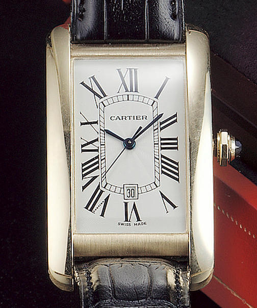Cartier. A gents 18ct gold curved rectangular calendar wristwatch