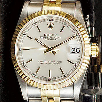 Rolex. A mid size steel and gold centre seconds calendar bracelet watch