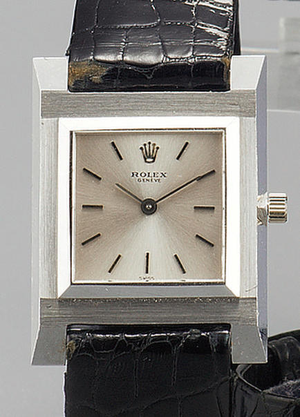 Rolex. A fine 18ct white gold slim cased rectangular wristwatch