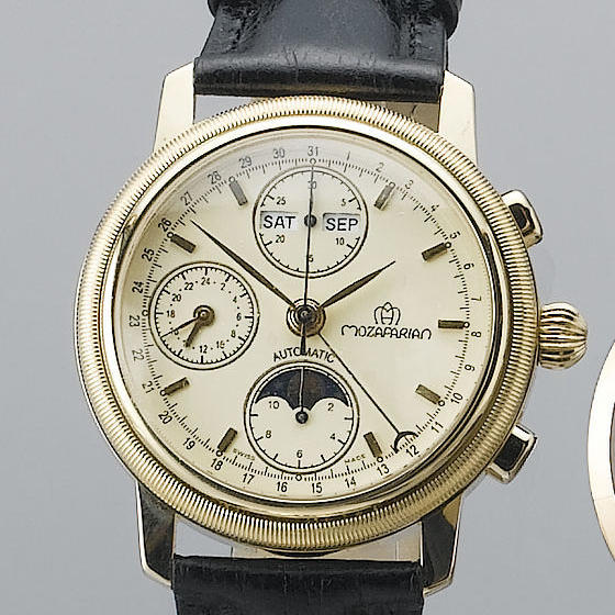 Mozafarian. A gents 18ct gold automatic lunar calendar chronograph wristwatch with 24hr indication