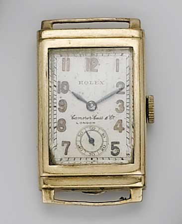 Rolex. A 9ct gold rectangular wristwatch