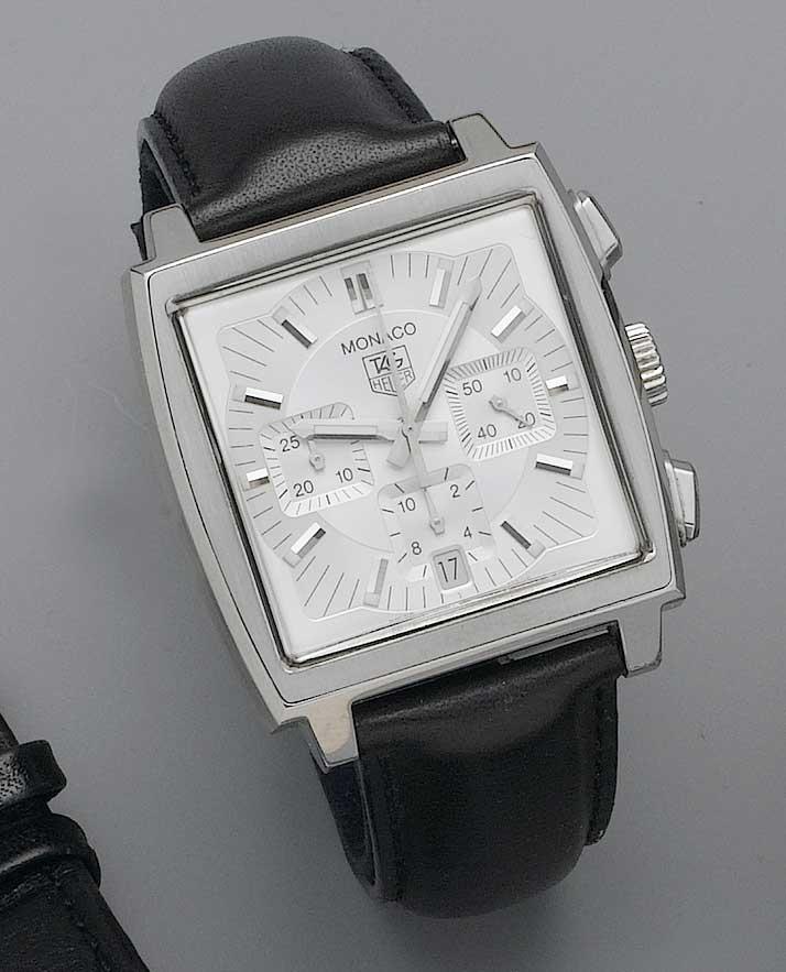Heuer. A stainless steel chronograph wristwatch with box and papers