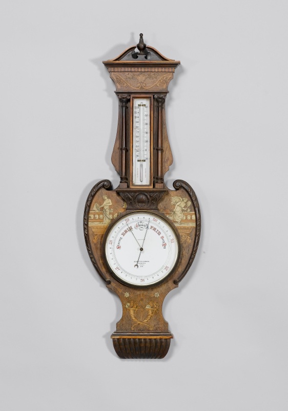 A good late 19th century inlaid rosewood aneroid wall barometer