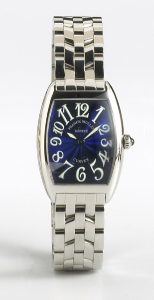 Franck Muller. A stainless steel mid-size tonneau-cased quartz bracelet watch with blue enamel dial