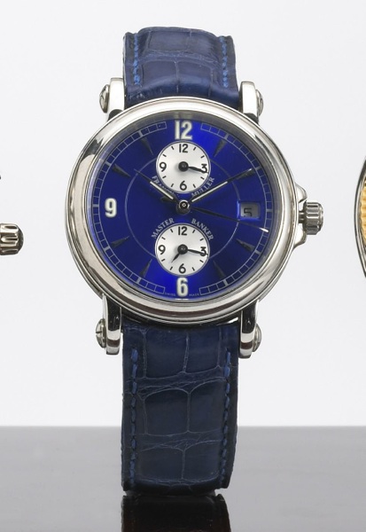 Franck Muller, Geneve. An unusual stainless steel three-time zone calendar wristwatch with enamel dial