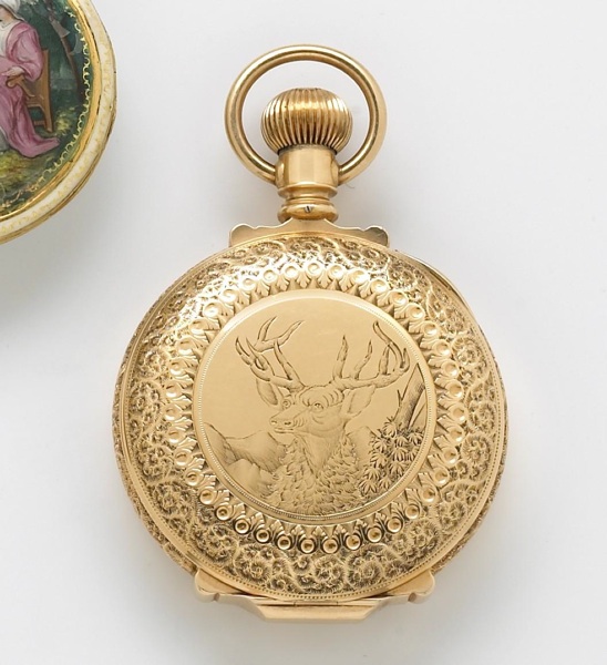 Aurora Watch Co. A 14k gold full hunter pocket watch in engraved case