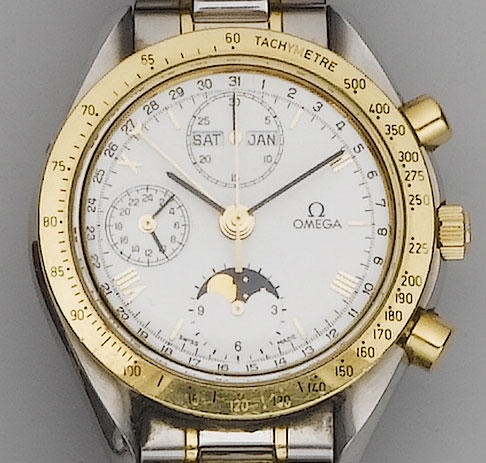 Omega. A stainless steel and gold automatic chronograph bracelet watch