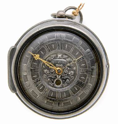 William Tomlinson, London. An early-mid 18th century silver pair-cased fusee verge pocket watch with calendar
